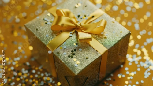 A gold box with a yellow ribbon on top. The box is covered in gold glitter