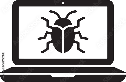 Bug in laptop vector for problem solution, system error icon and virus warning