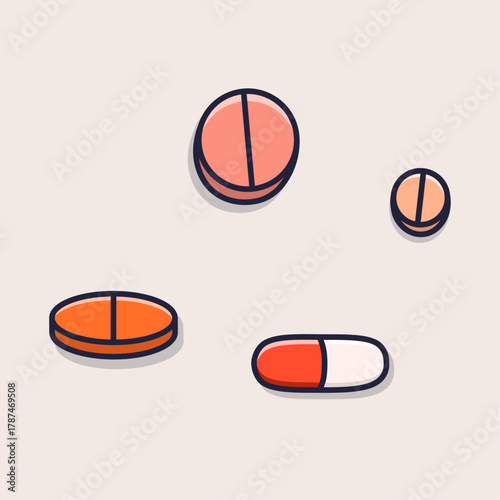 Medicine Pills and Capsule Line Art Illustration Showing Various Medical Tablets and Capsules Used for Treatment, Pain Relief, and Daily Healthcare Maintenance