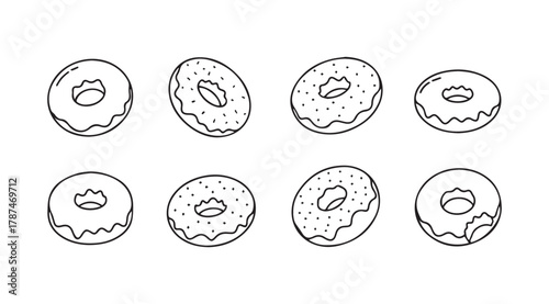 Collection of eight hand drawn donut illustrations in a simple black and white silhouette style