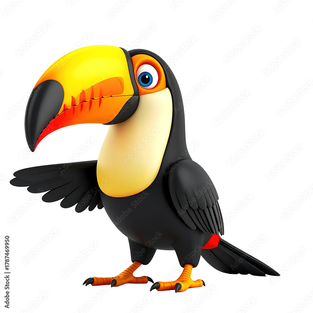 Naklejka premium Cartoon toucan with a huge, colorful beak, gesturing to its left with its wing, clipart, isolated on a transparent background.