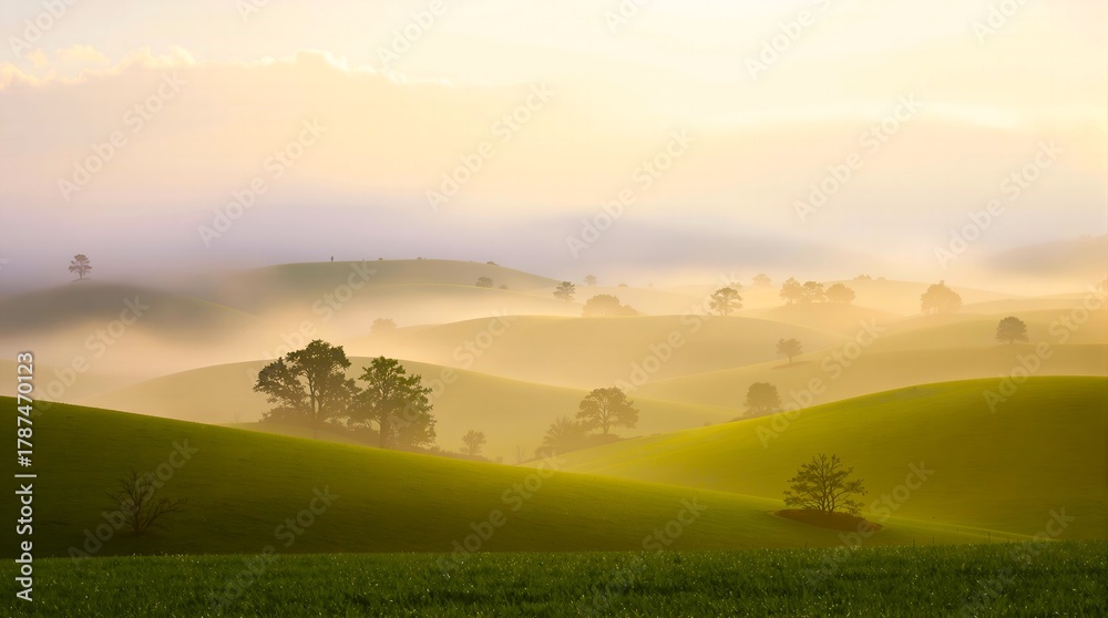 Obraz premium Golden Mist Rolling Hills: Ethereal Sunrise Landscape