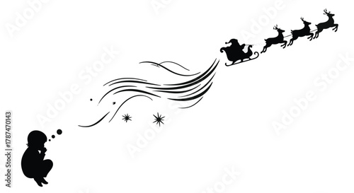 Child dreams of Santa's sleigh flying across the starry night sky