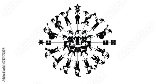 Whimsical circular pattern of dancing figures and stars, creating a festive and playful visual.