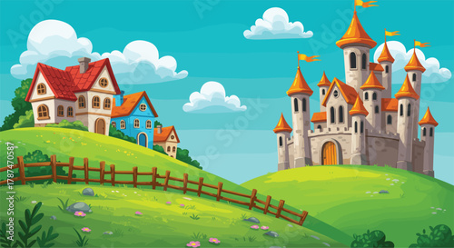 Fairy tale castle with orange roofs and flags on hill, colorful houses, wooden fence, lush green landscape, whimsical fantasy illustration