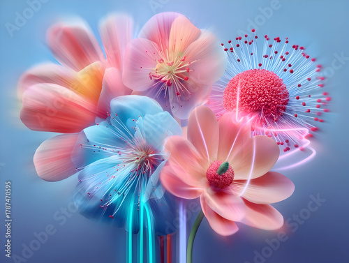 Mixed colorful flowers backdrop, Field meadow and garden flowers with glitter and sparkle, beautiful background for a postcard, wallpaper, textile, screensaver for a phone computer