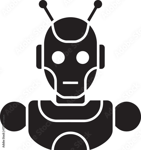 Futuristic robot head and body in silhouette with no antenna design vector icon