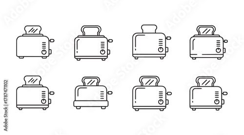 Collection of eight different toaster outlines in a simple line art silhouette