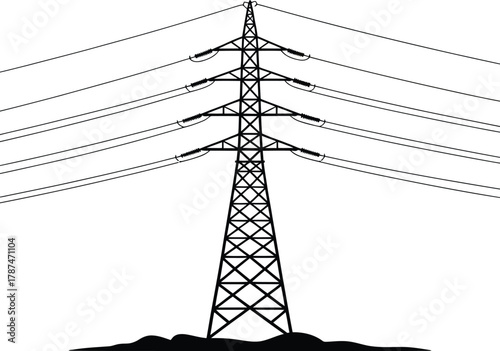 High Voltage Electric Power Line Tower with Insulators Silhouette on Transparent
