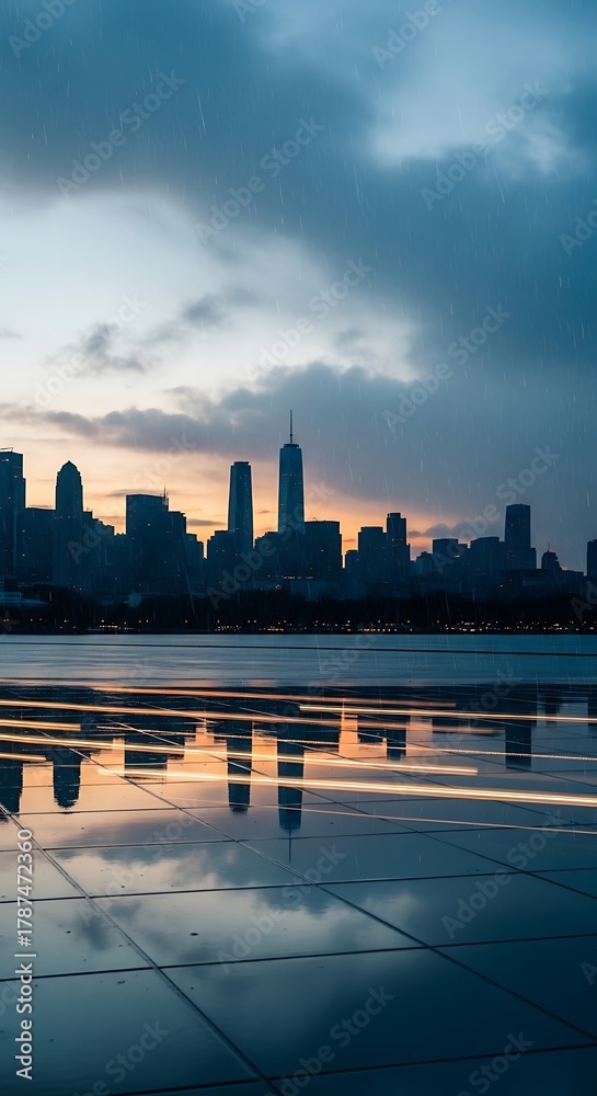 Obraz premium Cityscape Reflection at Dusk - Urban Silhouette and Water Reflections.