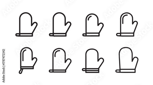 Collection of eight oven mitt icons in a clean simple silhouette style