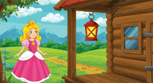 Fairy tale princess outside wooden cabin in scenic countryside with mountains, flowers, dirt path, blue sky, cheerful whimsical illustration