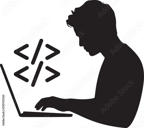 Silhouette of Developer Working on Laptop with Code Symbols on Transparent Background
