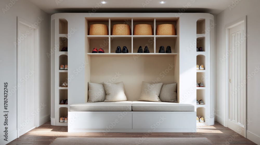 Fototapeta premium Modern and spacious walk-in closet with a built-in bench in the center. the bench is white and has three beige throw pillows on it.