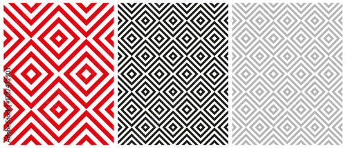 Seamless Geometric Diamond Line Patterns – Minimalist Vector Set in Red, Black, and Gray. Set of Endless Prints With Geometric Designs Composed Of Concentric Diamond Shapes Formed By Diagonal Lines.