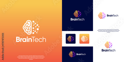 Human brain logo with pixel fragments, artificial intelligence, neural network, solutions, vector illustration graphic.