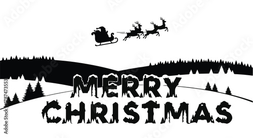 Santa's sleigh flies over snowy hills with a festive Merry Christmas greeting.