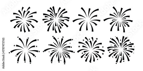 Collection of black fireworks icons vector  Simple flat silhouette design of celebration explosion shapes, perfect for New Year, festival, party, and holiday decoration