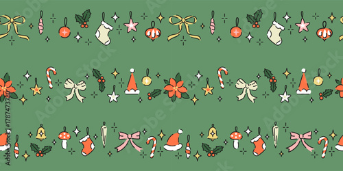Seamless Christmas pattern with cute bows, tree decorations. Trendy horizontal stripe background. Hand drawn vector illustration. Holiday wrapping paper, wallpaper, social media xmas banner.