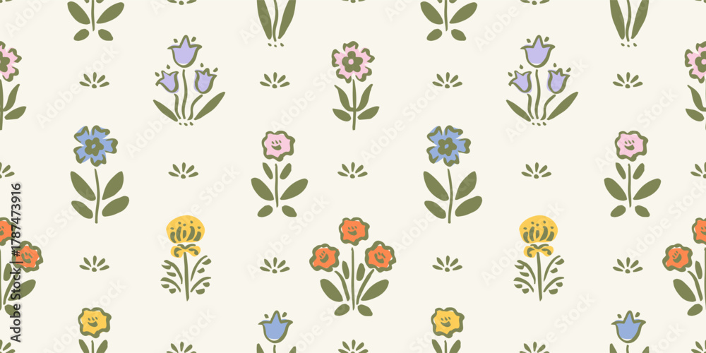 Fototapeta premium Seamless pattern with freehand ink doodle abstract flowers. Trendy floral block print background. Hand drawn vector illustration. Boho, cottage core, retro wallpaper.