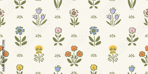 Seamless pattern with freehand ink doodle abstract flowers. Trendy floral block print background. Hand drawn vector illustration. Boho, cottage core, retro wallpaper.