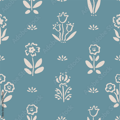 Seamless pattern with freehand ink doodle abstract flowers on blue. Trendy floral block print background. Hand drawn vector illustration. Boho, cottage core, retro wallpaper.