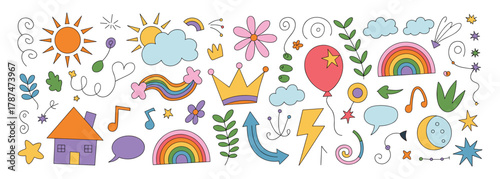 Wallpaper Mural Colorful cartoon doodle elements with sun, rainbow, and house Torontodigital.ca