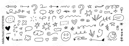 Hand drawn doodle elements with arrows and hearts asterisk