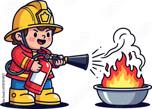 Cartoon Firefighter Extinguishing a Fire A Safety and Emergency Response Illustration
