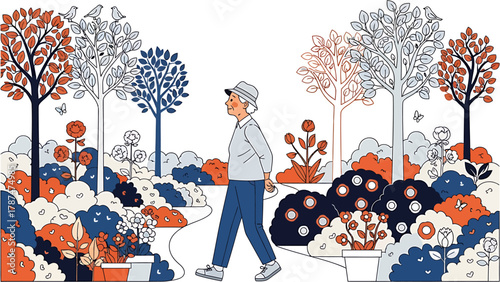 Elderly Woman Strolling Through a Vibrant Garden A Peaceful Retirement Scene