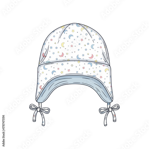 Baby hat with moon and star pattern vector illustration in cartoon style isolated on white background