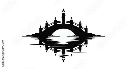 Elegant silhouette of a bridge reflected in rippling water, creating a striking symmetrical design.