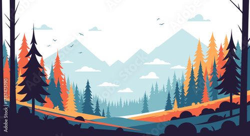 Scenic illustration of a forest with mountains in the background, featuring diverse colored trees in a flat design style
