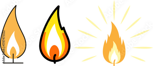 Set of three stylized fire flame icons with a glowing effect on a white background