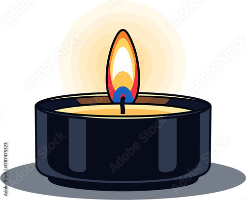A stylized graphic illustration of a luminous tea light candle in a dark holder, its vibrant flame radiating a comforting glow, symbolizing peace and serene ambiance