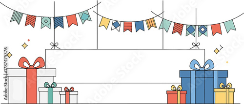 Festive celebration scene with colorful flags and an assortment of beautifully wrapped gift boxes, ideal for holiday announcements, party invitations, or event promotions