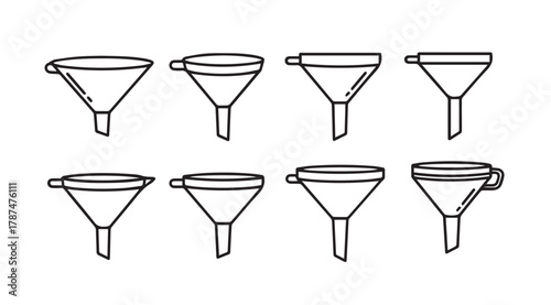 Collection of various funnel shapes and sizes in a simple line drawing silhouette