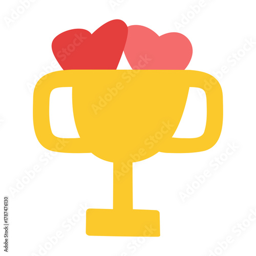 Romantic Victory Cup. Minimal vector illustration of a golden trophy with two hearts inside. Simple love contest award design.