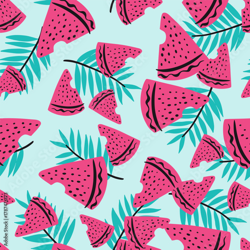 Fun Watermelon Sliced and Palm Leaves Vector Seamless Pattern