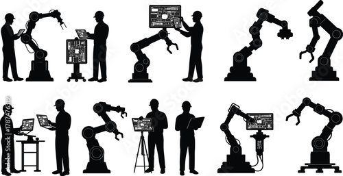 Human and robotic arm silhouettes showing collaborative industrial automation scenes with operators, control panels, laptops, programming, monitoring, maintenance, modern manufacturing