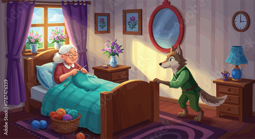 Grandmother knitting in cozy bedroom with wolf visitor, fairytale story illustration, warm sunlight, yarn basket, children fantasy art concept