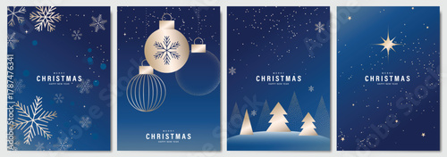 Christmas Luxury gold  invitation card design vector. Christmas pine leaves, snowflake with gold foil and spot texture on navy blue background. Design illustration for cover, print, poster, ads.