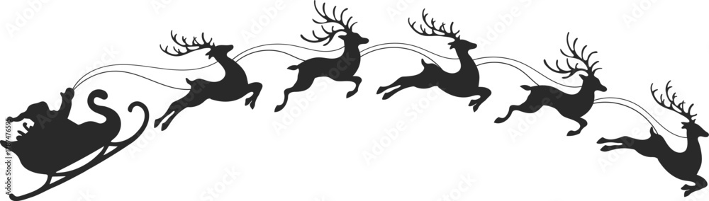 Obraz premium Santa Claus riding sleigh with reindeer, flying Christmas silhouette illustration, festive holiday scene, winter Christmas vector art, traditional Santa sleigh