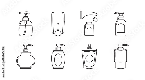 Collection of hand drawn soap dispenser silhouettes for bathroom and kitchen use