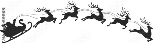 Santa Claus riding sleigh with reindeer, flying Christmas silhouette illustration, festive holiday scene, winter Christmas vector art, traditional Santa sleigh