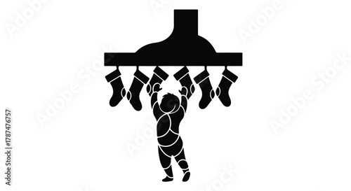 Curious child reaching for festive Christmas stockings hung on a mantelpiece.