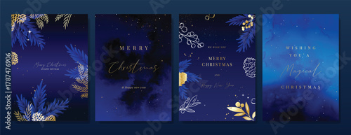 Christmas Luxury gold  invitation card design vector. Christmas pine leaves, snowflake with gold foil and spot texture on navy blue background. Design illustration for cover, print, poster, ads.