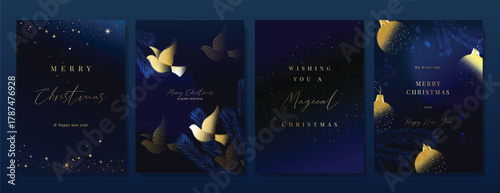 Christmas Luxury gold  invitation card design vector. Christmas pine leaves, snowflake with gold foil and spot texture on navy blue background. Design illustration for cover, print, poster, ads.