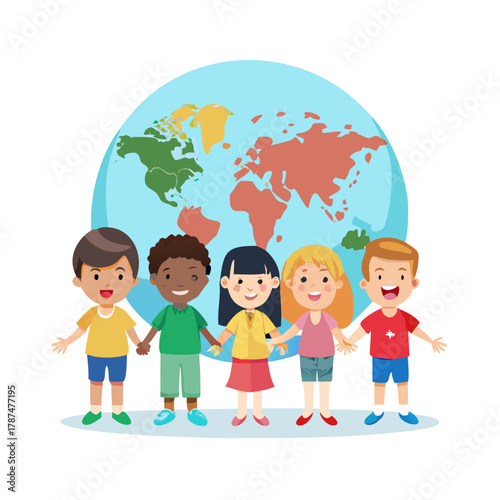 Vector art of diverse group of happy cartoon children holding hands in front of a world map, celebrating world adoption day with smiles and joy coni 
