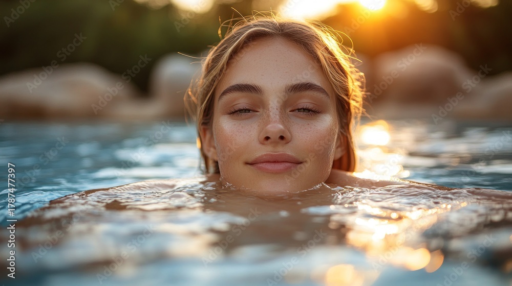 Obraz premium Woman relaxes in calm water, sunlit face